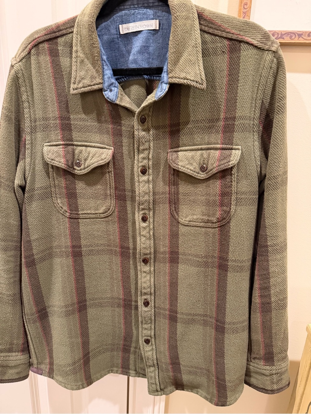 Outerknown blanket shirt Olive Plaid Lightweight Shirt Jacket with Red Stripe